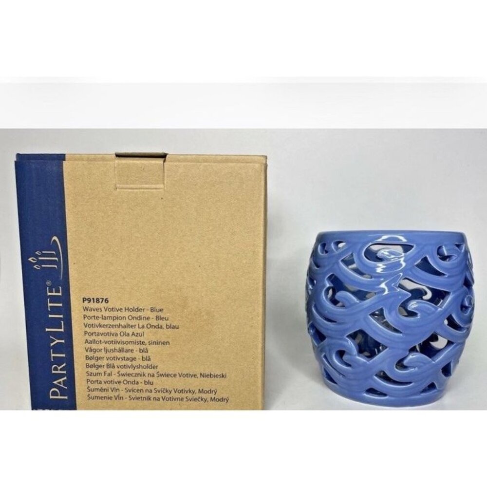 Partylite Waves Blue Votive Holder, Retired Coastal Glass Candle Holder NIB